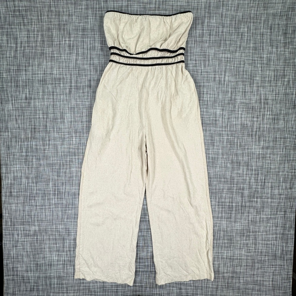 Monteau Women's Jumpsuit Strapless Smocked Wide Leg Linen Blend Beige Size Small